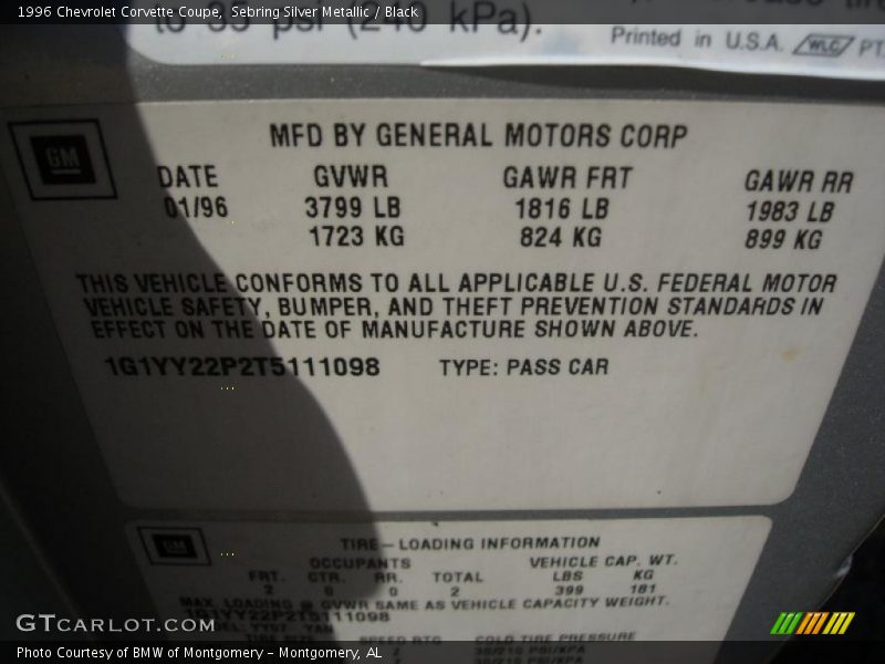 Info Tag of 1996 Corvette Coupe