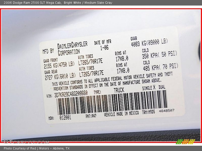 2006 Ram 2500 SLT Mega Cab Bright White Color Code PW7