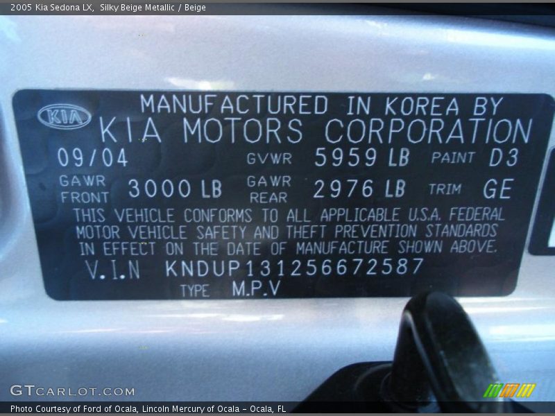 Silky Beige Metallic / Beige 2005 Kia Sedona LX