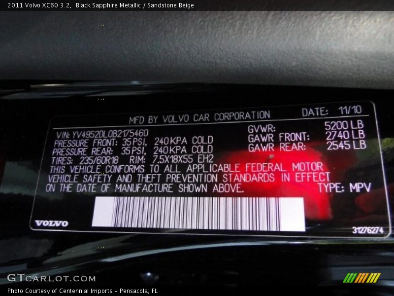 Info Tag of 2011 XC60 3.2