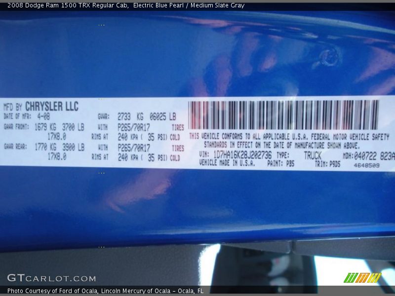 Electric Blue Pearl / Medium Slate Gray 2008 Dodge Ram 1500 TRX Regular Cab