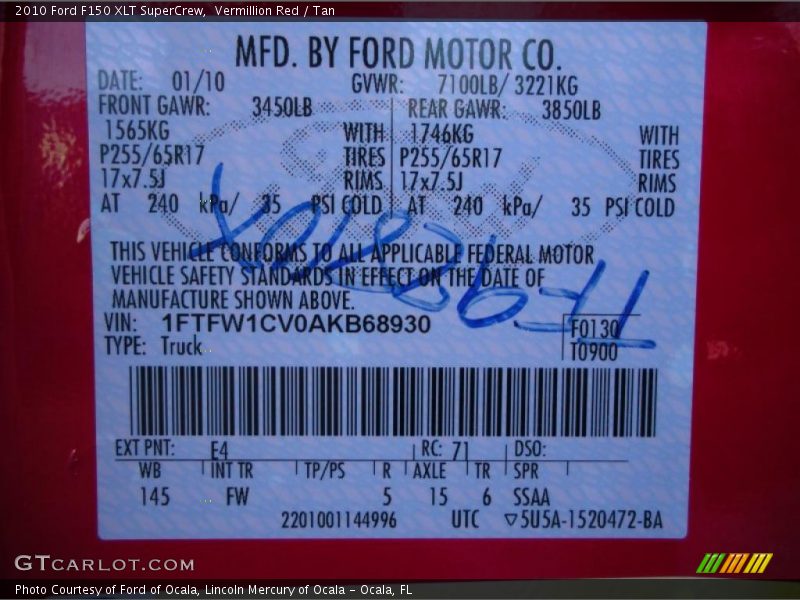 Vermillion Red / Tan 2010 Ford F150 XLT SuperCrew