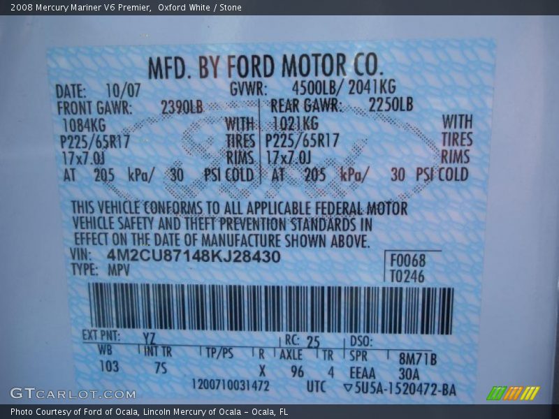 Oxford White / Stone 2008 Mercury Mariner V6 Premier