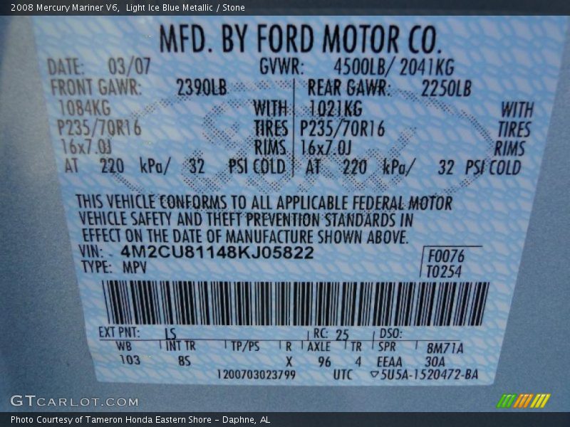 Light Ice Blue Metallic / Stone 2008 Mercury Mariner V6