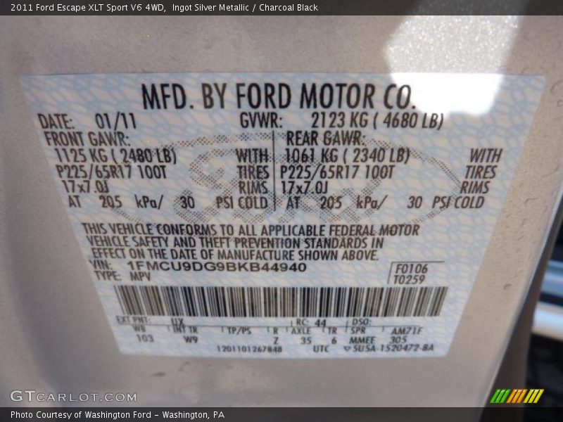 2011 Escape XLT Sport V6 4WD Ingot Silver Metallic Color Code UX