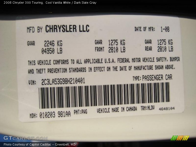 Cool Vanilla White / Dark Slate Gray 2008 Chrysler 300 Touring