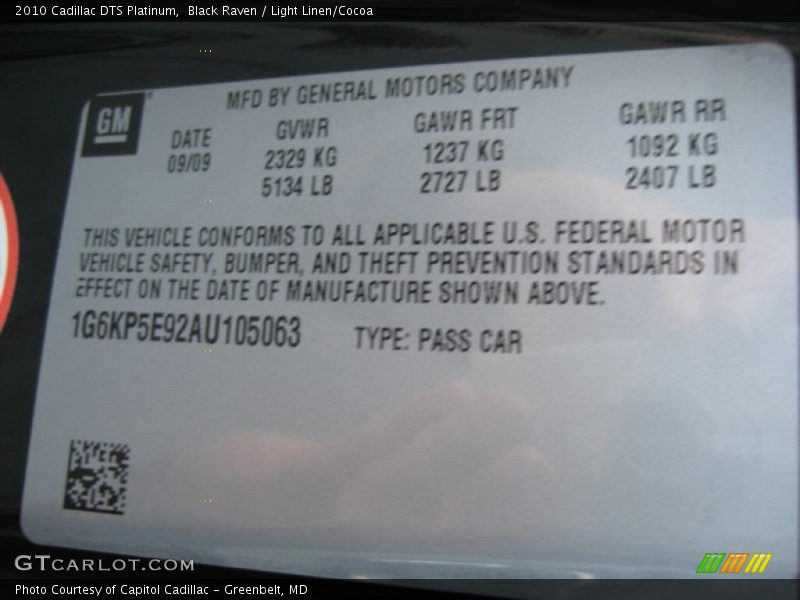 Info Tag of 2010 DTS Platinum