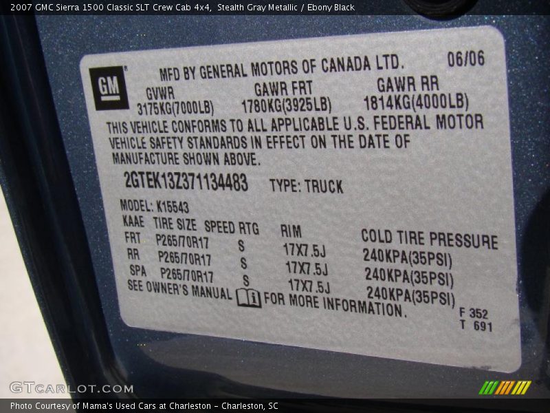 Info Tag of 2007 Sierra 1500 Classic SLT Crew Cab 4x4