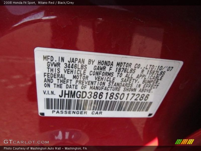 Milano Red / Black/Grey 2008 Honda Fit Sport