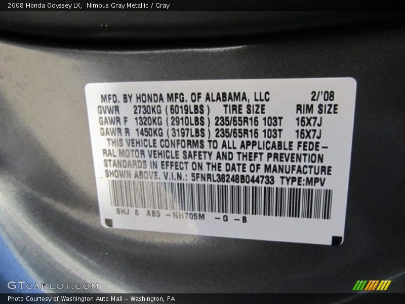 Nimbus Gray Metallic / Gray 2008 Honda Odyssey LX