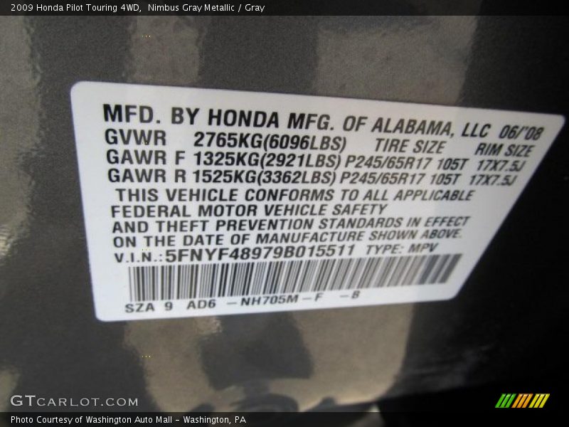 Nimbus Gray Metallic / Gray 2009 Honda Pilot Touring 4WD