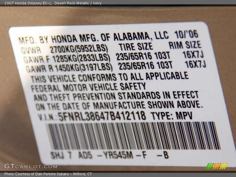 Desert Rock Metallic / Ivory 2007 Honda Odyssey EX-L