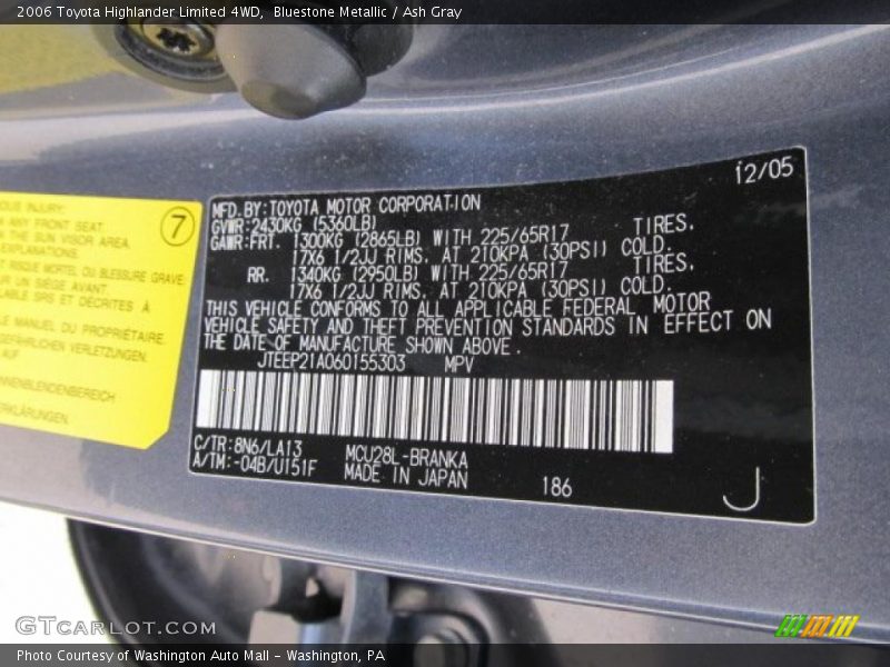 Bluestone Metallic / Ash Gray 2006 Toyota Highlander Limited 4WD