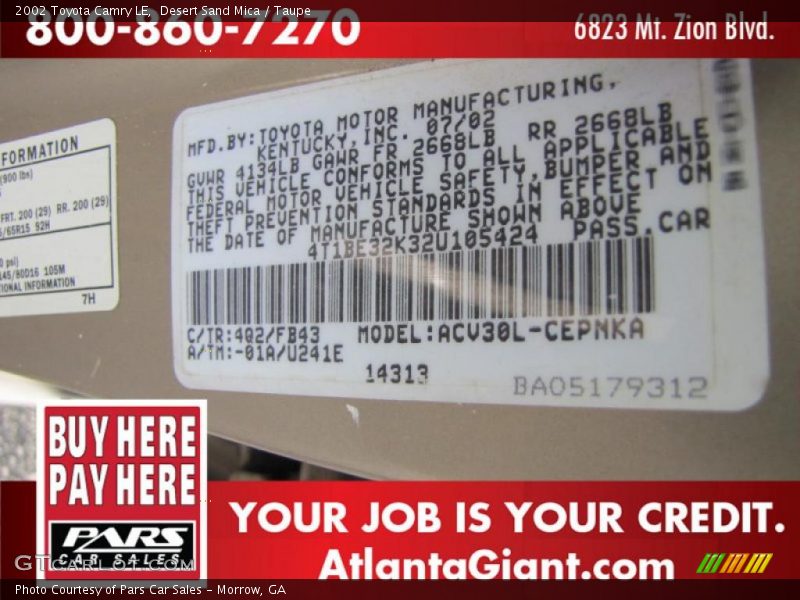 Desert Sand Mica / Taupe 2002 Toyota Camry LE