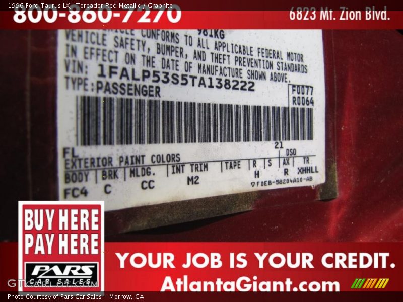 Toreador Red Metallic / Graphite 1996 Ford Taurus LX