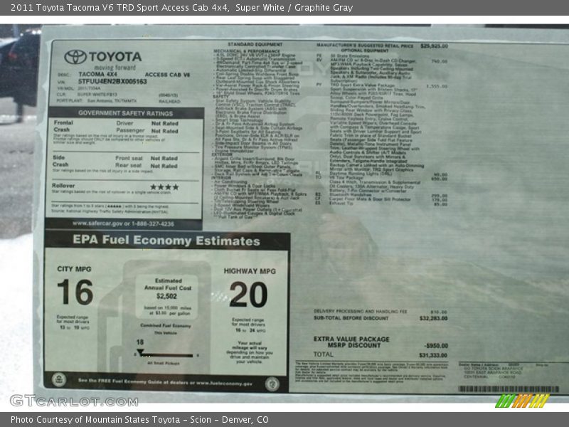  2011 Tacoma V6 TRD Sport Access Cab 4x4 Window Sticker