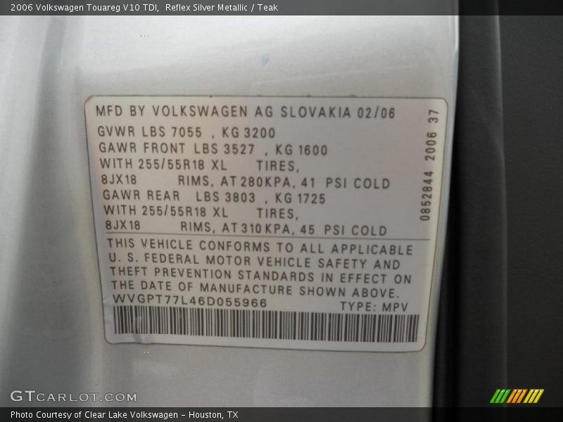 Info Tag of 2006 Touareg V10 TDI