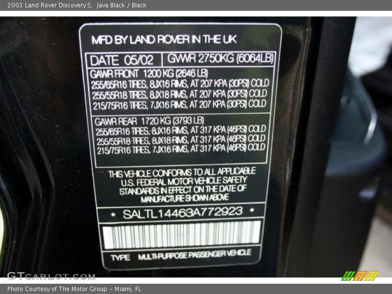 Info Tag of 2003 Discovery S