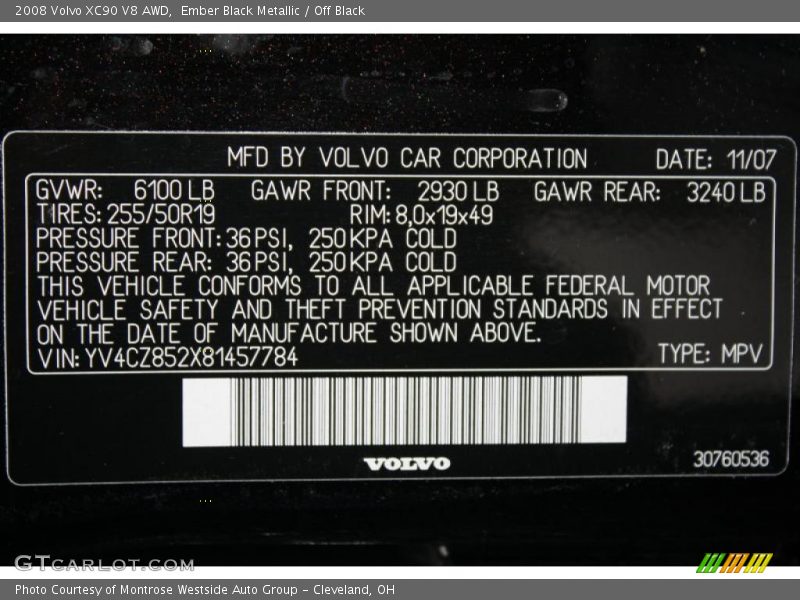 Info Tag of 2008 XC90 V8 AWD