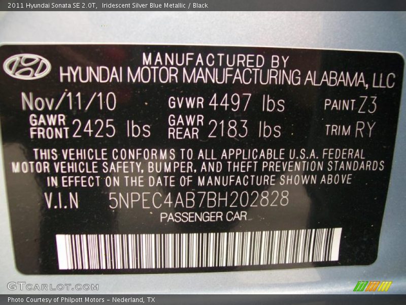 2011 Sonata SE 2.0T Iridescent Silver Blue Metallic Color Code Z3