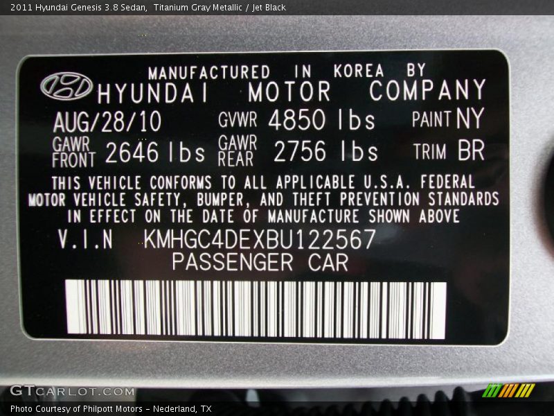 2011 Genesis 3.8 Sedan Titanium Gray Metallic Color Code NY