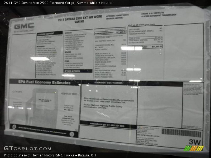  2011 Savana Van 2500 Extended Cargo Window Sticker