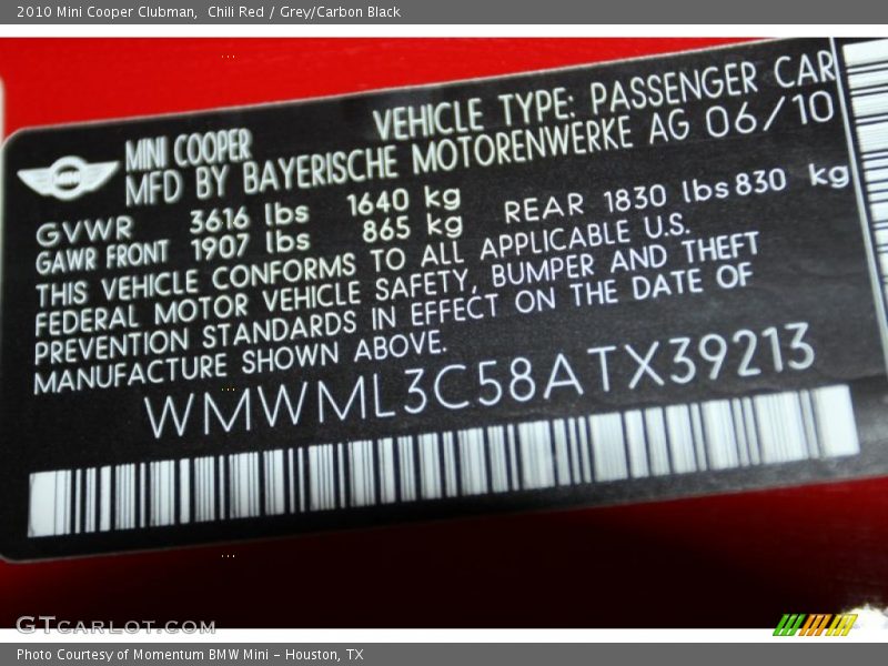 Chili Red / Grey/Carbon Black 2010 Mini Cooper Clubman