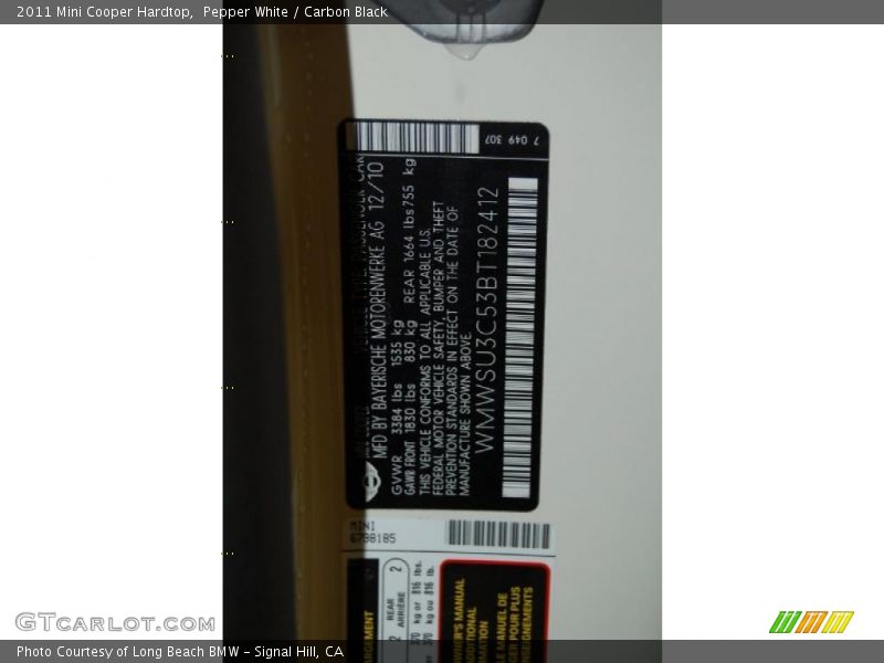 Pepper White / Carbon Black 2011 Mini Cooper Hardtop