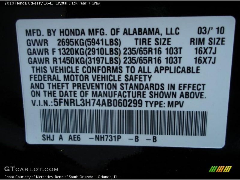 Crystal Black Pearl / Gray 2010 Honda Odyssey EX-L
