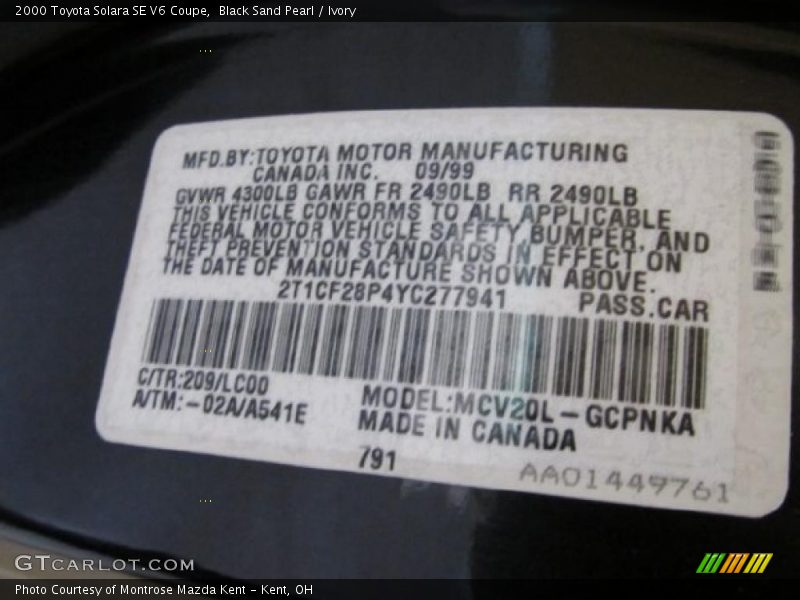 2000 Solara SE V6 Coupe Black Sand Pearl Color Code 209