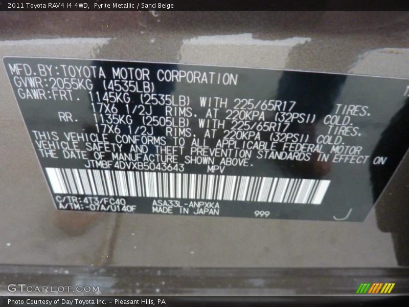 2011 RAV4 I4 4WD Pyrite Metallic Color Code 4T3