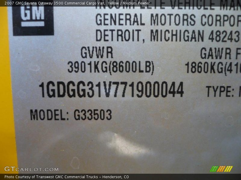 Yellow / Medium Pewter 2007 GMC Savana Cutaway 3500 Commercial Cargo Van