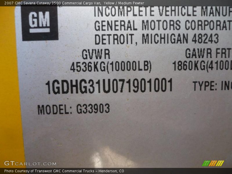 Yellow / Medium Pewter 2007 GMC Savana Cutaway 3500 Commercial Cargo Van