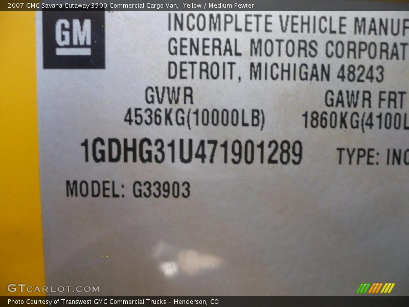 Yellow / Medium Pewter 2007 GMC Savana Cutaway 3500 Commercial Cargo Van