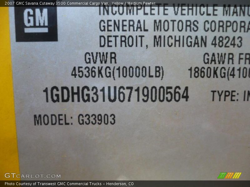 Info Tag of 2007 Savana Cutaway 3500 Commercial Cargo Van