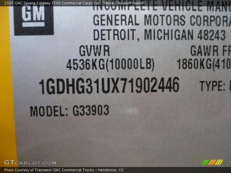 Yellow / Medium Pewter 2007 GMC Savana Cutaway 3500 Commercial Cargo Van