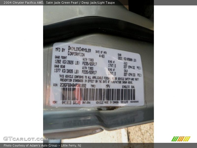 2004 Pacifica AWD Satin Jade Green Pearl Color Code PP4