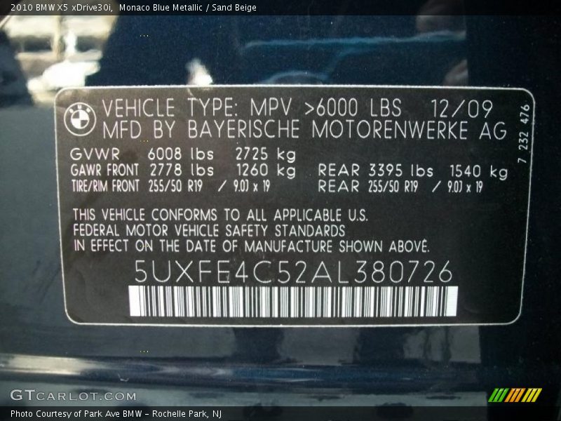 Monaco Blue Metallic / Sand Beige 2010 BMW X5 xDrive30i