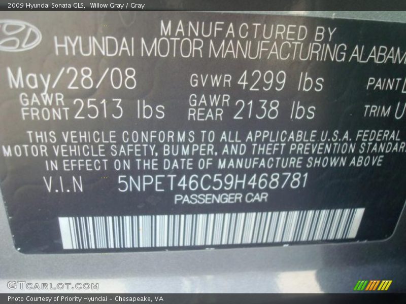 Willow Gray / Gray 2009 Hyundai Sonata GLS