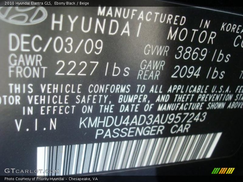 Ebony Black / Beige 2010 Hyundai Elantra GLS