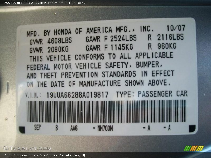 Alabaster Silver Metallic / Ebony 2008 Acura TL 3.2