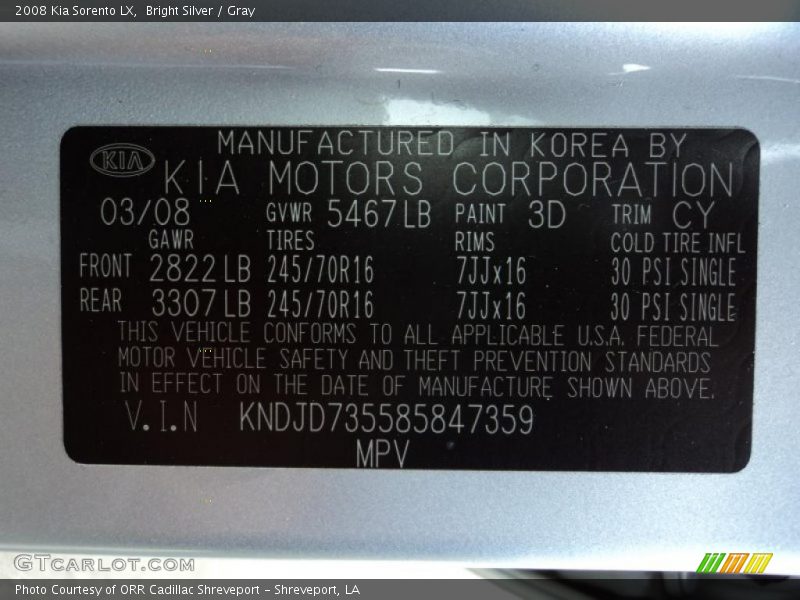Bright Silver / Gray 2008 Kia Sorento LX