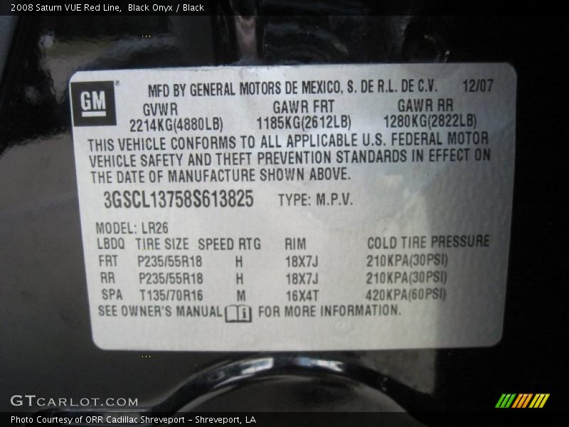 Info Tag of 2008 VUE Red Line