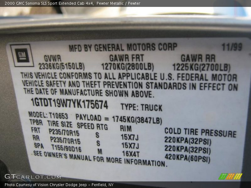 Info Tag of 2000 Sonoma SLS Sport Extended Cab 4x4