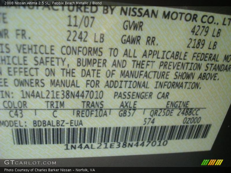 Pebble Beach Metallic / Blond 2008 Nissan Altima 2.5 SL