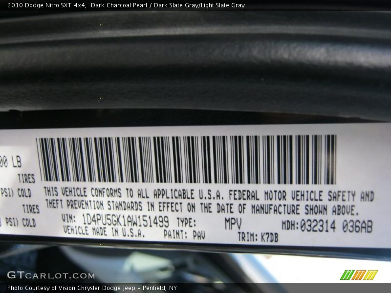 2010 Nitro SXT 4x4 Dark Charcoal Pearl Color Code PAV