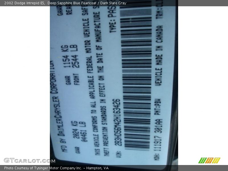 Deep Sapphire Blue Pearlcoat / Dark Slate Gray 2002 Dodge Intrepid ES