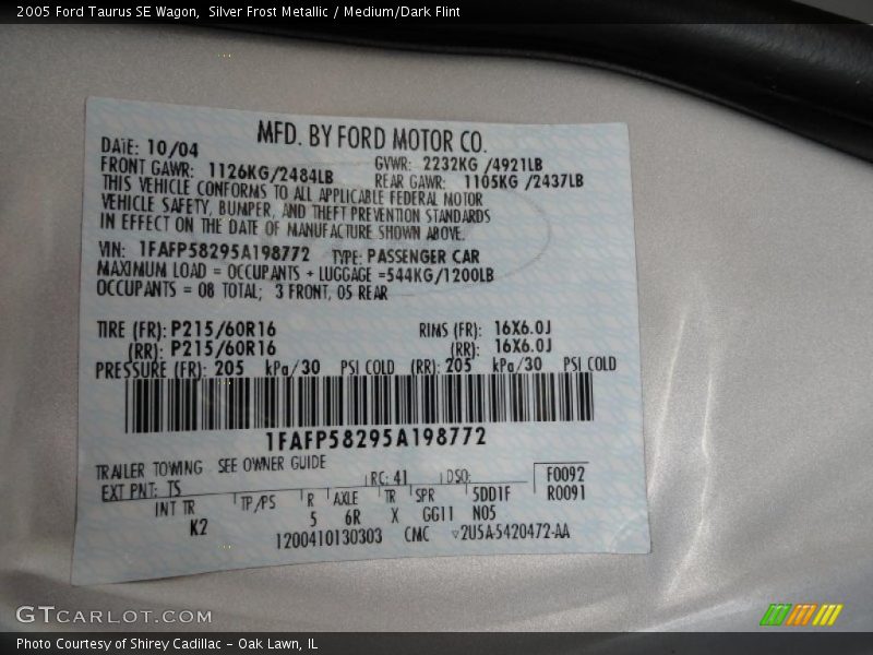 2005 Taurus SE Wagon Silver Frost Metallic Color Code TS
