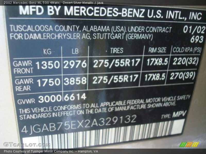 2002 ML 500 4Matic Desert Silver Metallic Color Code 693
