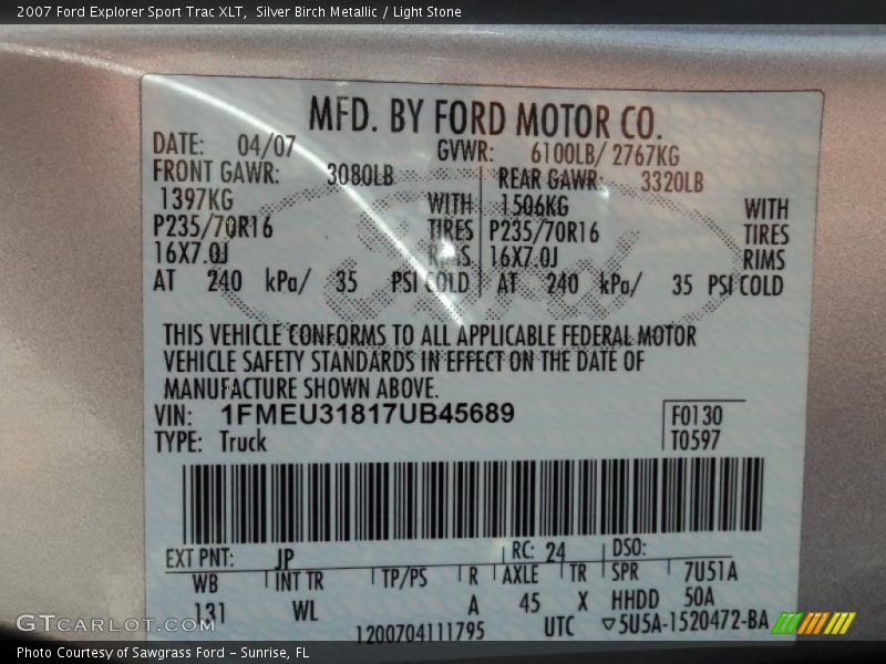 2007 Explorer Sport Trac XLT Silver Birch Metallic Color Code JP